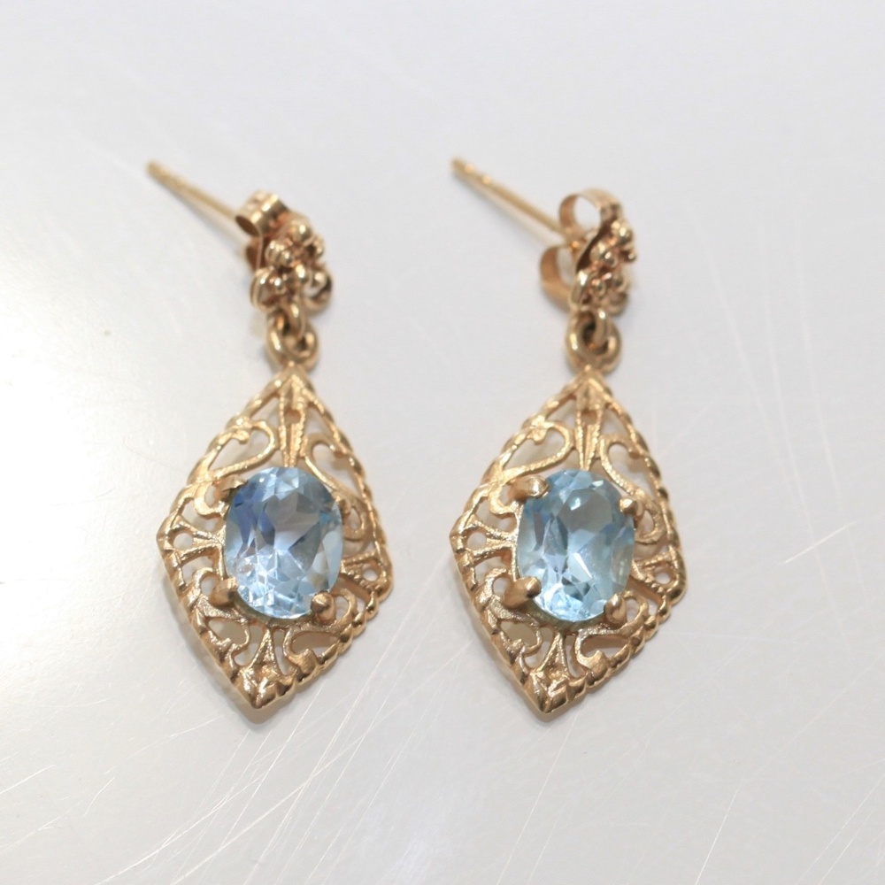 Vintage 14K Gold Blue Stone Filigree Drop Earrings 1960s